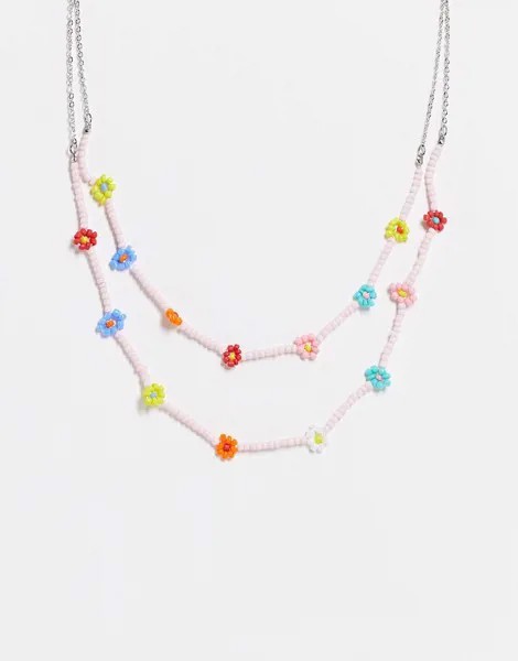 Ожерелье в несколько рядов с цветочными бусинами Pieces-Multi