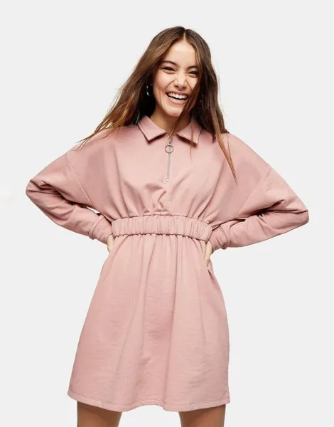 TOPSHOP Розовое платье с длинными рукавами и молнией в четверть рукава из французской махровой ткани 8 США Великобритания 12