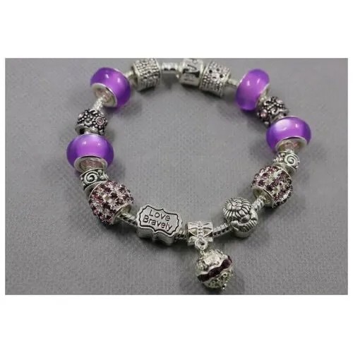 Браслет-цепочка Handinsilver ( Посеребриручку ) Браслет с шармами на основе из бижутерной стали, стразы, муранское стекло, стекло, 1 шт., размер 22 см, purple