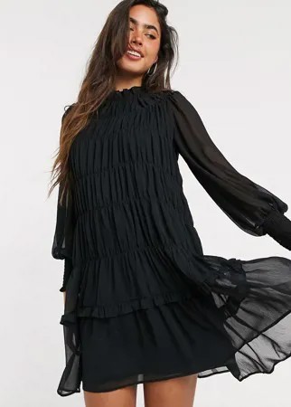Черное шифоновое платье мини с ярусной юбкой и высоким воротом Vero Moda-Черный цвет