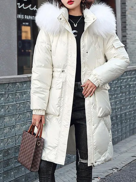 Milanoo Long Puffer Coats For Women White Faux Fur Stand Collar Zipper Long Sleeves Casual Thicken L
