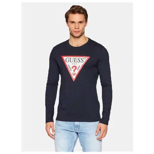 Лонгслив GUESS, хлопок, принт надписи, размер XL, серый
