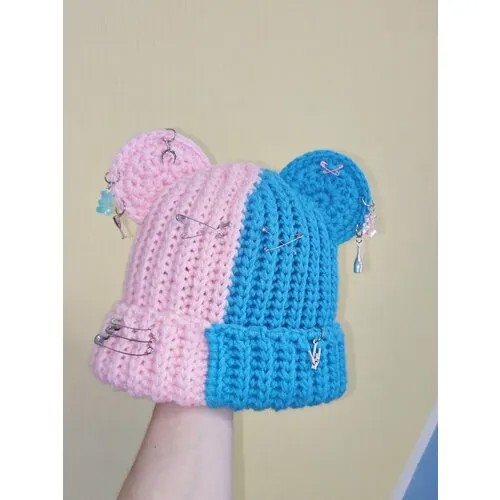 Шапка  Вязанная шапка с ушками MaMaLu, размер 50/58, розовый, голубой