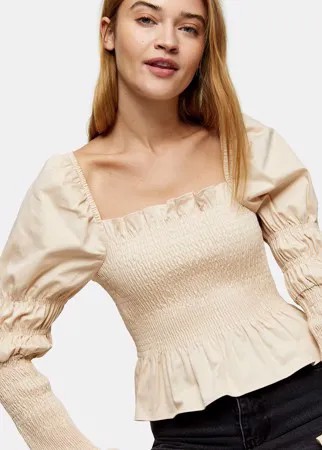 Атласная присборенная блузка бежевого цвета Topshop-Нейтральный