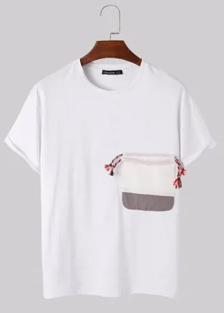 Мужская футболка с коротким рукавом из 100% хлопка в стиле пэчворк с карманом на шнурке
