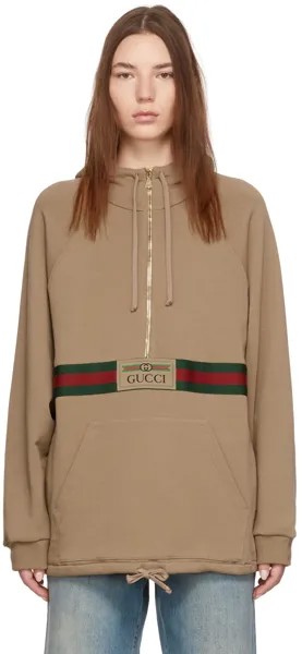 Бежевая худи с логотипом Web на молнии до половины длины Gucci