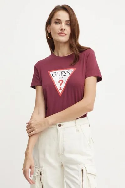 Хлопковая футболка Guess, бордовый