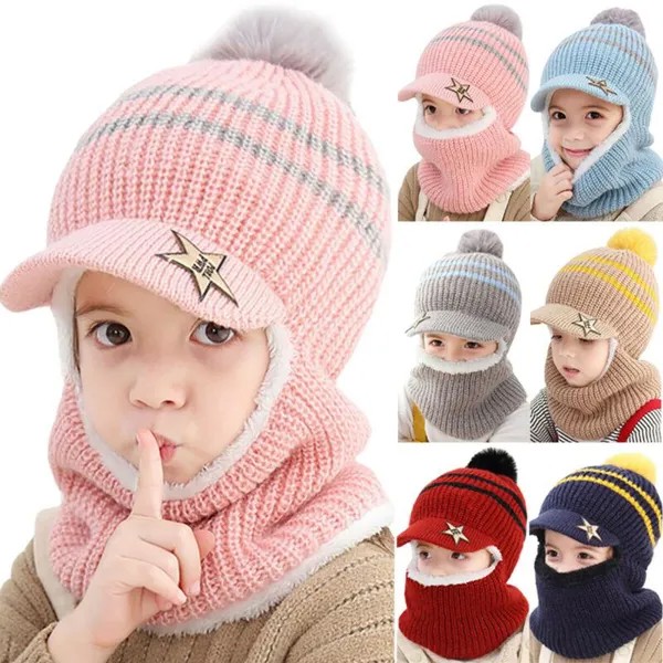 Малыш Kid Зимний Hat Scarf Установить Мальчики Девушки Теплый вязаный руна Beanie Cap шарф