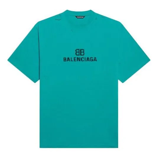 Футболка Balenciaga Mosaic Logo BB Alphabet Loose Hole Distress Short Sleeve Unisex Blue, синий