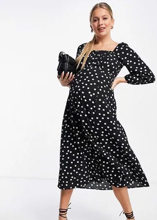 Черно-белое платье миди в горошек с квадратным присборенным вырезом ASOS DESIGN Maternity-Многоцветный