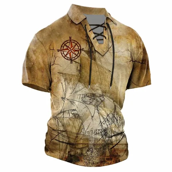 Мужская винтажная футболка со шнуровкой и лацканами с морским компасом