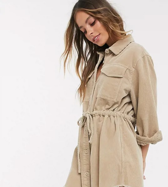 Вельветовое платье-рубашка в стиле oversized от ASOS DESIGN Petite-Коричневый