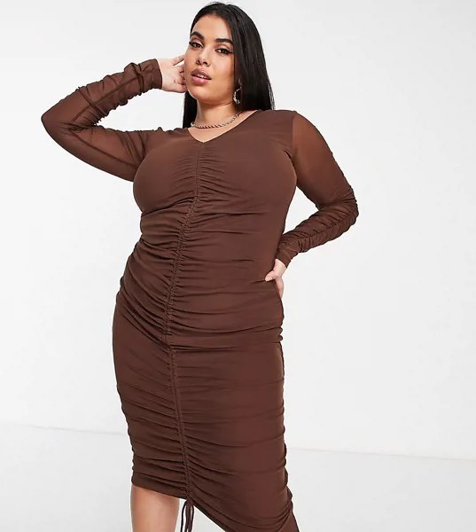 Сетчатое платье миди цвета темного шоколада со сборками спереди ASOS DESIGN Curve-Коричневый цвет