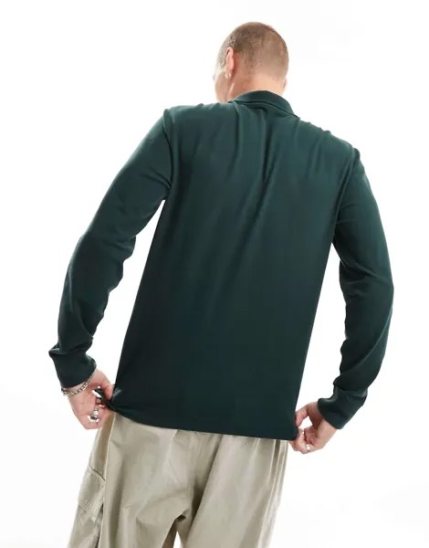Темно-зеленое поло из пике с длинными рукавами и логотипом Abercrombie & Fitch