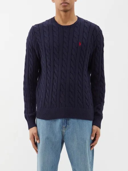 Хлопковый свитер косой вязки с вышитым логотипом Polo Ralph Lauren, синий