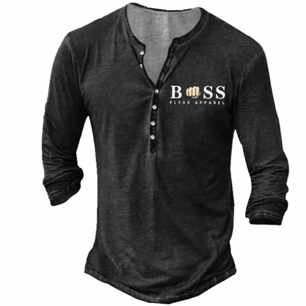 Мужская футболка Henley Vintage Boss с длинным рукавом Повседневные топы Черный