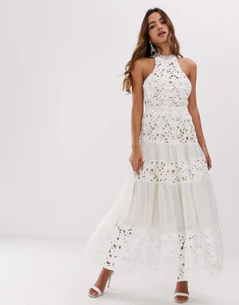 Платье с кружевными вставками и высоким воротом Forever U-Белый