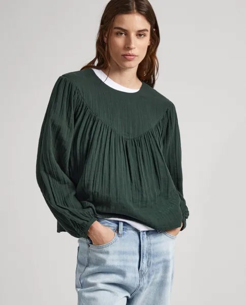 Женская блузка из вафельной ткани с рукавами-фонариками Pepe Jeans, темно-зеленый