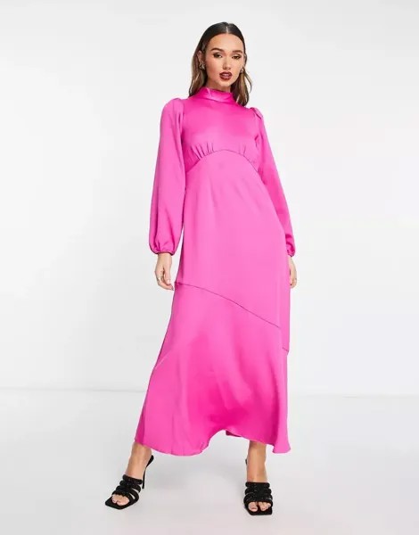 Эксклюзивное ярко-розовое повседневное платье макси из атласа с высоким воротником Y.A.S