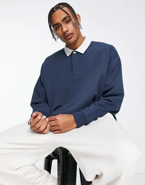 Темно-синий oversized-свитшот с воротником поло в стиле регби ASOS DESIGN