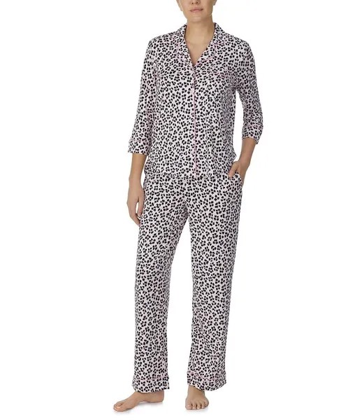 Kate Spade New York Матовый трикотаж Икат с леопардовым принтом, рукав 3/4 с вырезом на воротнике, координирующий пижамный комплект, розовый