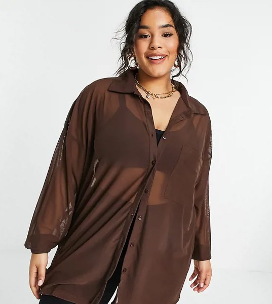 Коричневая сетчатая рубашка в стиле oversized на пуговицах ASOS DESIGN Curve-Коричневый цвет