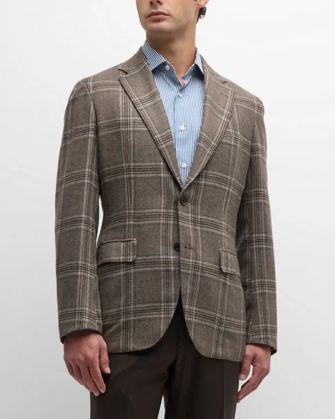 Мужское спортивное пальто в клетку из шерсти и кашемира Brioni, цвет Brown Grey