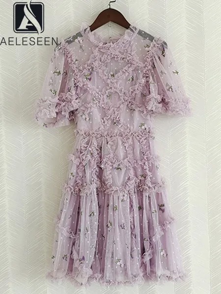 AELESEEN дизайнерское модное 2022 летнее элегантное многослойное платье женские фиолетовые розовые цветы вышивка 3D оборки сексуальные роскошны...