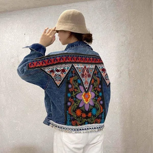 Женская джинсовая куртка в стиле бохо, винтажная куртка с цветочной аппликацией и вышивкой, верхняя одежда с длинным рукавом, Y669, для весны