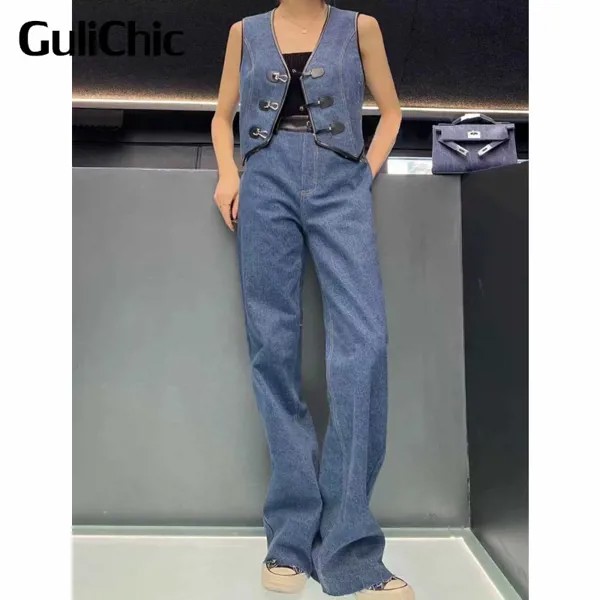 3,24 GuliChic модные контрастные цвета Лоскутные кожаные женские прямые джинсы с заклепками