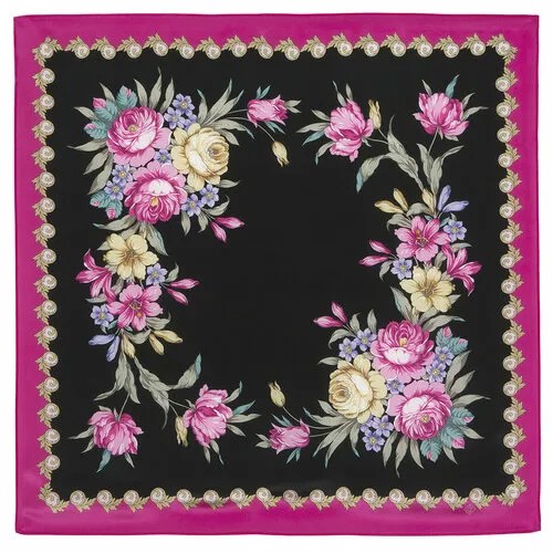 Платок Павловопосадская платочная мануфактура,89х89 см, черный, розовый