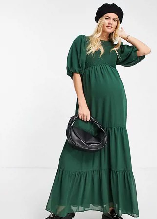Присборенное ярусное платье макси хвойно-зеленого цвета ASOS DESIGN Maternity-Зеленый цвет