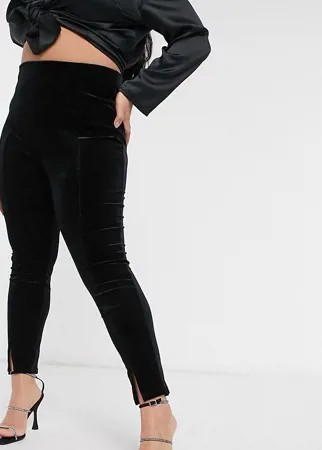 Черные бархатные брюки из джерси с разрезами спереди ASOS DESIGN Curve-Черный цвет