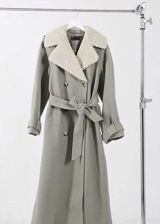 Пальто макси серого оттенка с воротником «борг» и поясом ASOS DESIGN Tall-Коричневый