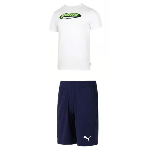 Повседневная спортивная мужская белая футболка + синие шорты Puma, цвет White T-shirt + blue shorts