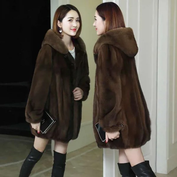 Женщины Толстая теплая верхняя одежда с капюшоном средняя длина искусственная шуба Женская Парка Осень Зима Имитация Норка Бархатное пальто