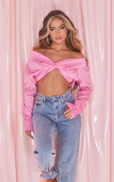 PrettyLittleThing Атласная блузка конфетно-розового цвета с закрученной застежкой спереди