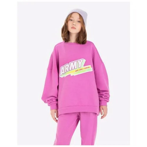 Лиловый свитшот oversize с принтом Army для девочки Gloria Jeans, размер 14+/164