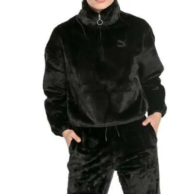 Puma Winter Classics Faux Fur HalfZip Fleece Pullover Womens Black Casual Athlet