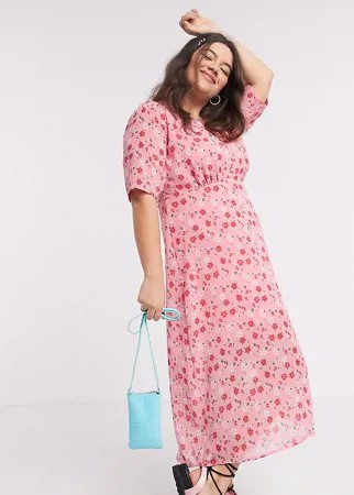 Чайное платье миди с цветочным принтом Wednesday's Girl Curve-Розовый цвет