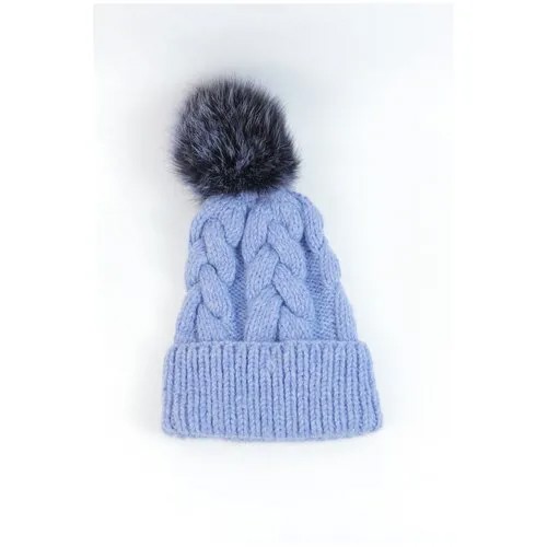 Шапка женская синяя Carolon крупной вязки с отворотом / Стильные вязаные шапки для женщин c меховым помпоном