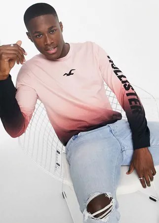 Розовый лонгслив с логотипом по центру и на рукаве Hollister-Розовый цвет