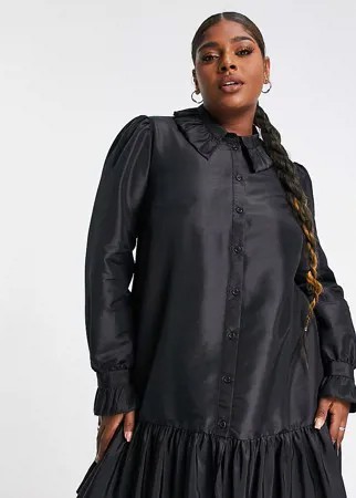 Платье-рубашка мини с оборками на воротнике и баской ASOS DESIGN Curve-Черный цвет