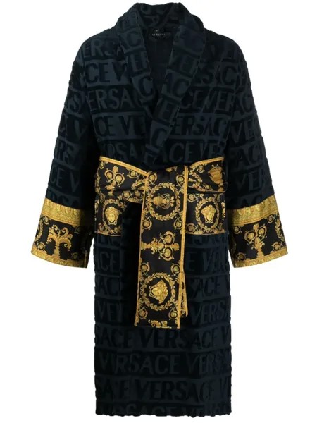 Versace халат с принтом Barocco и логотипом, синий