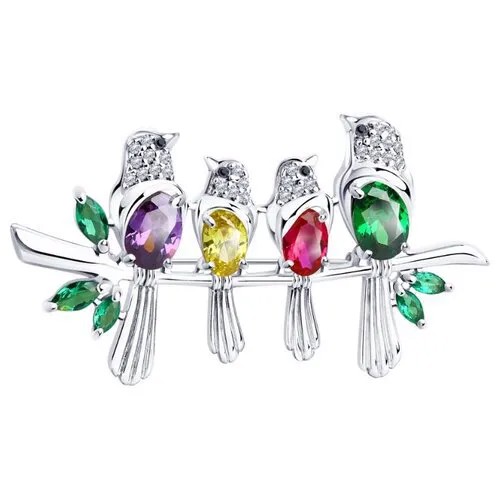Серебряная брошь Sokolov 94040211 с фианитом и рубиновым корундом