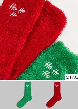 Набор из 2 пар пушистых новогодних носков красного и зеленого цветов с надписью 