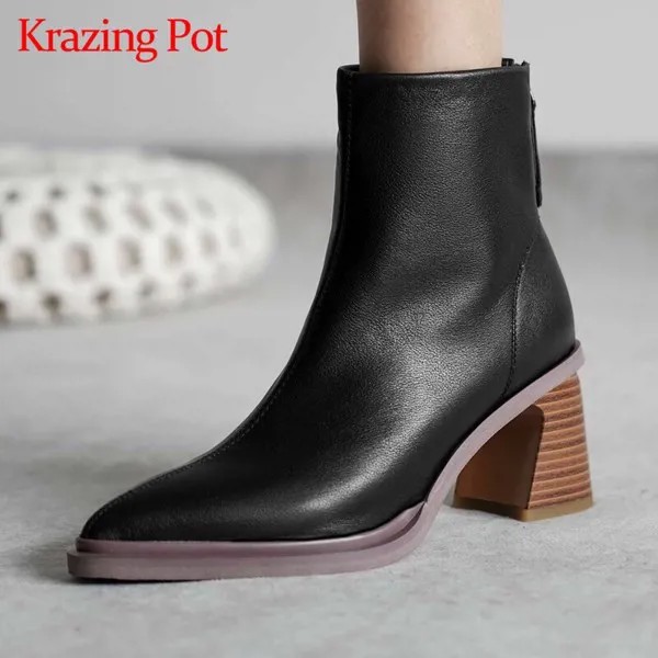 Krazing pot/ботинки «Челси» из натуральной кожи с острым носком на высоком каблуке; Простые однотонные корейские уличные красивые ботильоны для ...