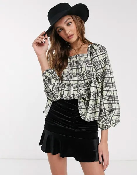 Зеленая свободная блузка в клетку Topshop-Зеленый