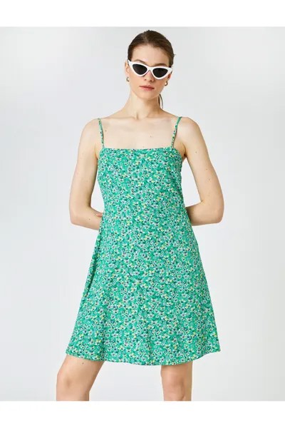 Женская одежда Платье мини-трапеция с цветочным принтом на тонких бретелях 2sak80161pw Зеленый узор Koton