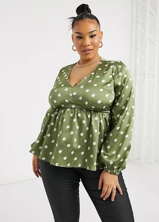 Шалфейно-зеленая атласная блузка в горошек с баской Simply Be-Зеленый цвет